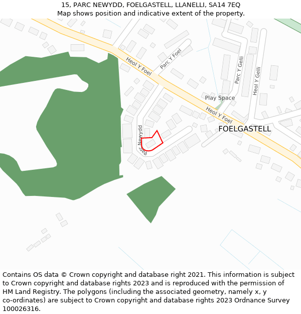 15, PARC NEWYDD, FOELGASTELL, LLANELLI, SA14 7EQ: Location map and indicative extent of plot