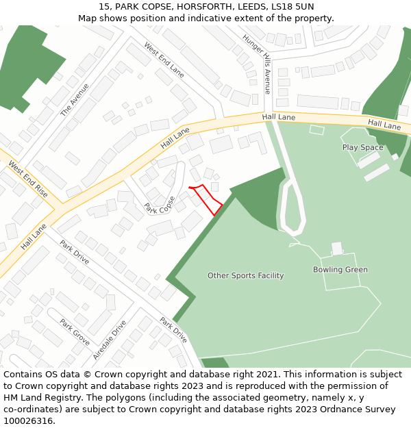 15, PARK COPSE, HORSFORTH, LEEDS, LS18 5UN: Location map and indicative extent of plot