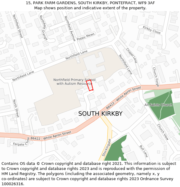 15, PARK FARM GARDENS, SOUTH KIRKBY, PONTEFRACT, WF9 3AF: Location map and indicative extent of plot