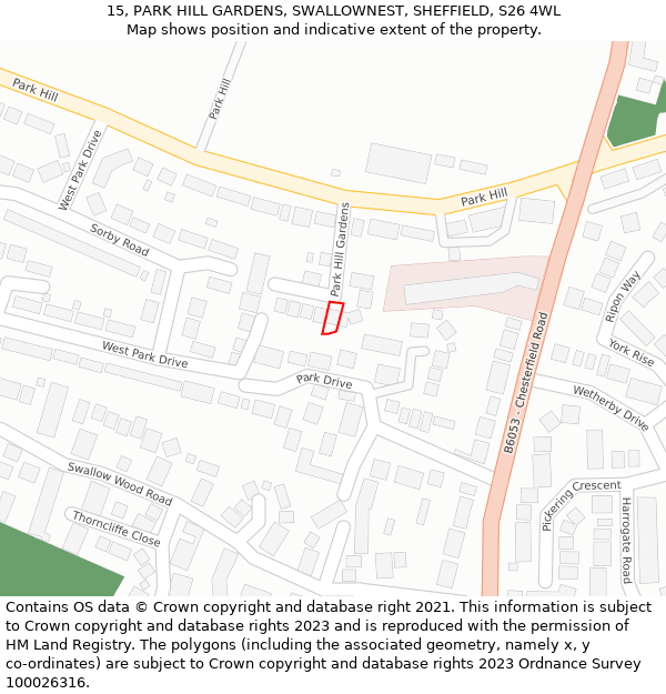 15, PARK HILL GARDENS, SWALLOWNEST, SHEFFIELD, S26 4WL: Location map and indicative extent of plot