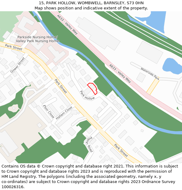 15, PARK HOLLOW, WOMBWELL, BARNSLEY, S73 0HN: Location map and indicative extent of plot