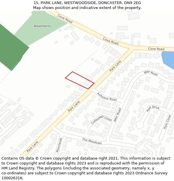 15, PARK LANE, WESTWOODSIDE, DONCASTER, DN9 2EG: Location map and indicative extent of plot