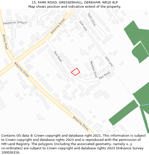 15, PARK ROAD, GRESSENHALL, DEREHAM, NR20 4LP: Location map and indicative extent of plot