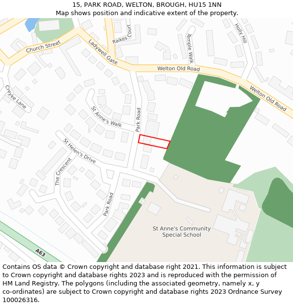 15, PARK ROAD, WELTON, BROUGH, HU15 1NN: Location map and indicative extent of plot