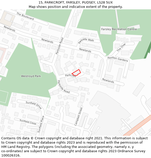 15, PARKCROFT, FARSLEY, PUDSEY, LS28 5UX: Location map and indicative extent of plot