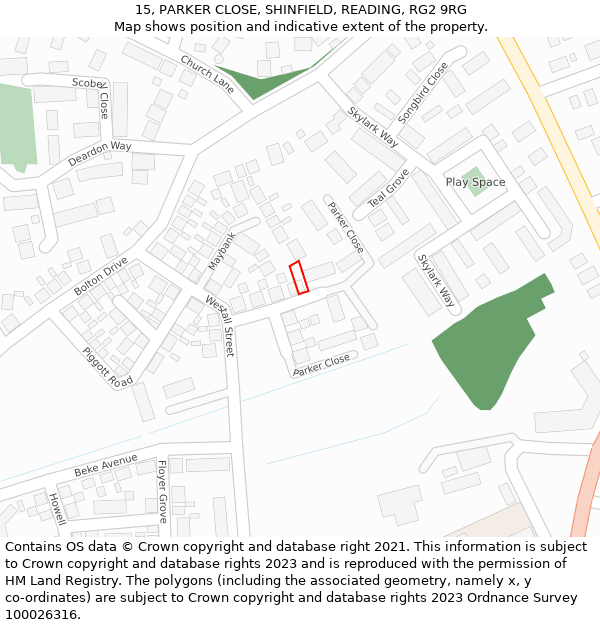 15, PARKER CLOSE, SHINFIELD, READING, RG2 9RG: Location map and indicative extent of plot