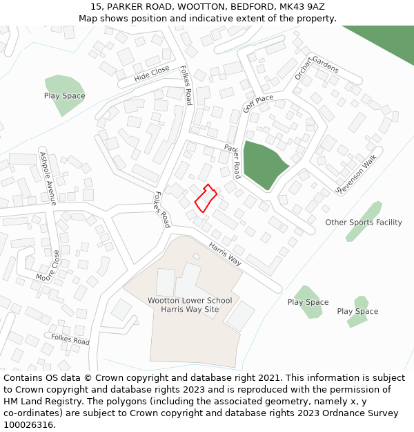 15, PARKER ROAD, WOOTTON, BEDFORD, MK43 9AZ: Location map and indicative extent of plot