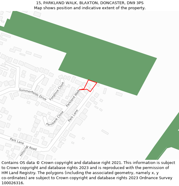 15, PARKLAND WALK, BLAXTON, DONCASTER, DN9 3PS: Location map and indicative extent of plot