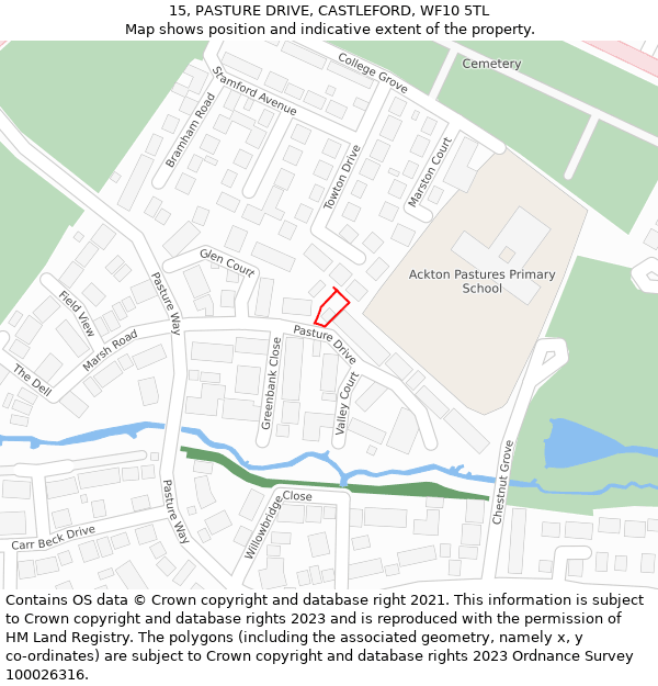 15, PASTURE DRIVE, CASTLEFORD, WF10 5TL: Location map and indicative extent of plot