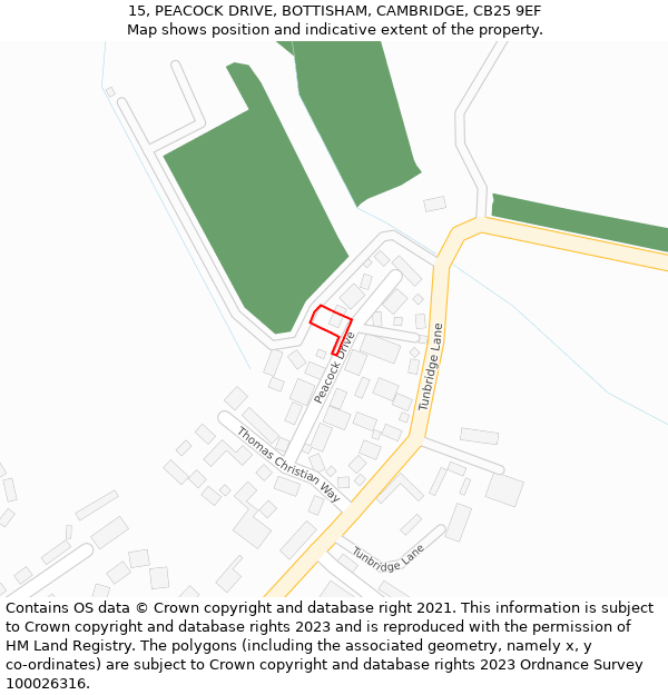 15, PEACOCK DRIVE, BOTTISHAM, CAMBRIDGE, CB25 9EF: Location map and indicative extent of plot