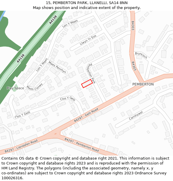 15, PEMBERTON PARK, LLANELLI, SA14 8NN: Location map and indicative extent of plot