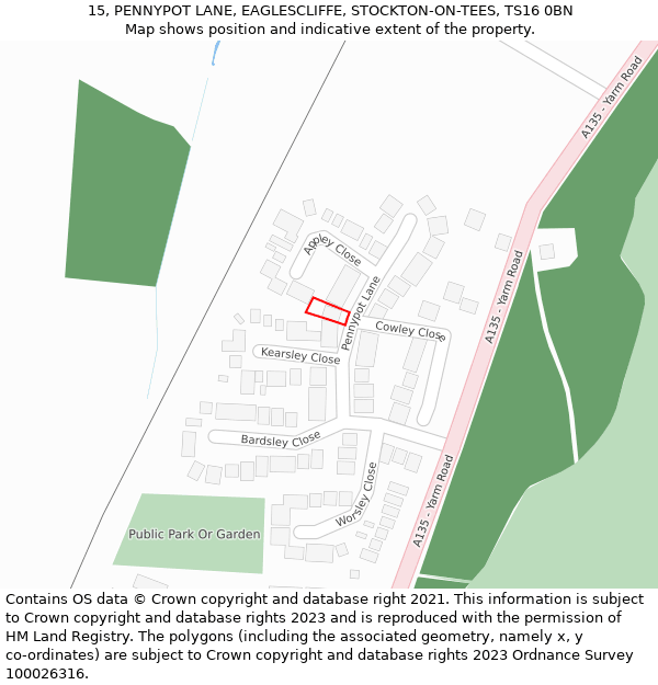 15, PENNYPOT LANE, EAGLESCLIFFE, STOCKTON-ON-TEES, TS16 0BN: Location map and indicative extent of plot