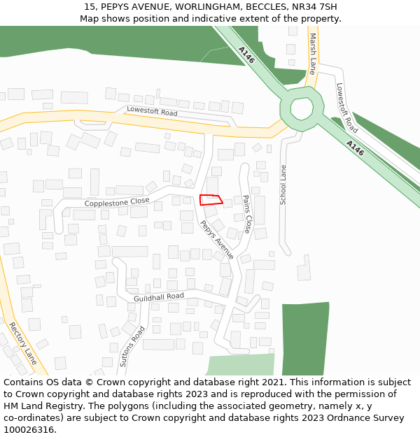 15, PEPYS AVENUE, WORLINGHAM, BECCLES, NR34 7SH: Location map and indicative extent of plot