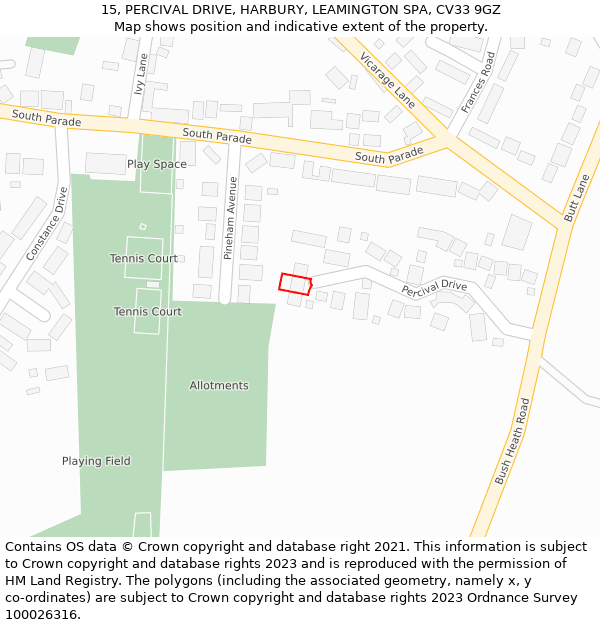 15, PERCIVAL DRIVE, HARBURY, LEAMINGTON SPA, CV33 9GZ: Location map and indicative extent of plot