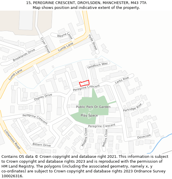 15, PEREGRINE CRESCENT, DROYLSDEN, MANCHESTER, M43 7TA: Location map and indicative extent of plot