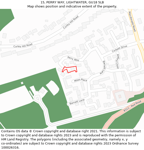 15, PERRY WAY, LIGHTWATER, GU18 5LB: Location map and indicative extent of plot