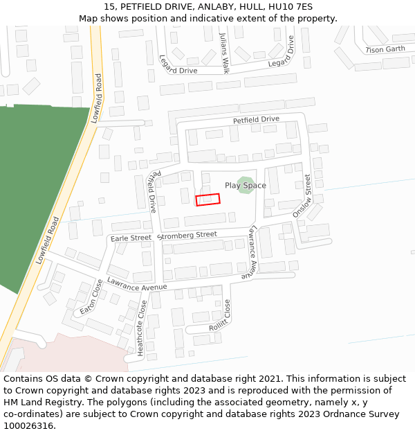 15, PETFIELD DRIVE, ANLABY, HULL, HU10 7ES: Location map and indicative extent of plot