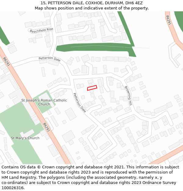 15, PETTERSON DALE, COXHOE, DURHAM, DH6 4EZ: Location map and indicative extent of plot