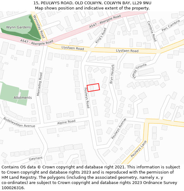 15, PEULWYS ROAD, OLD COLWYN, COLWYN BAY, LL29 9NU: Location map and indicative extent of plot