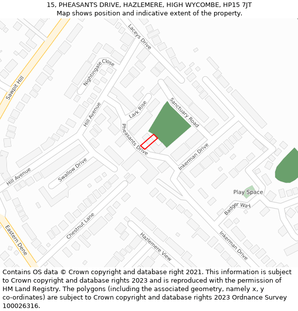 15, PHEASANTS DRIVE, HAZLEMERE, HIGH WYCOMBE, HP15 7JT: Location map and indicative extent of plot