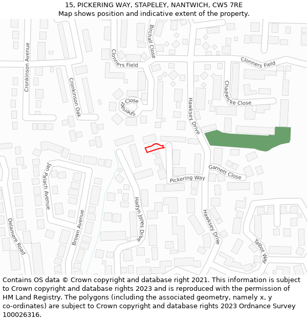 15, PICKERING WAY, STAPELEY, NANTWICH, CW5 7RE: Location map and indicative extent of plot