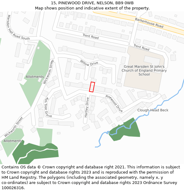 15, PINEWOOD DRIVE, NELSON, BB9 0WB: Location map and indicative extent of plot