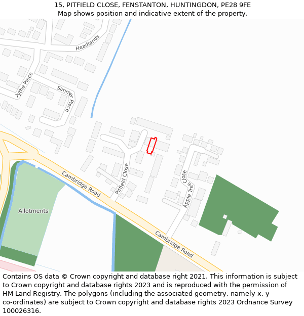15, PITFIELD CLOSE, FENSTANTON, HUNTINGDON, PE28 9FE: Location map and indicative extent of plot