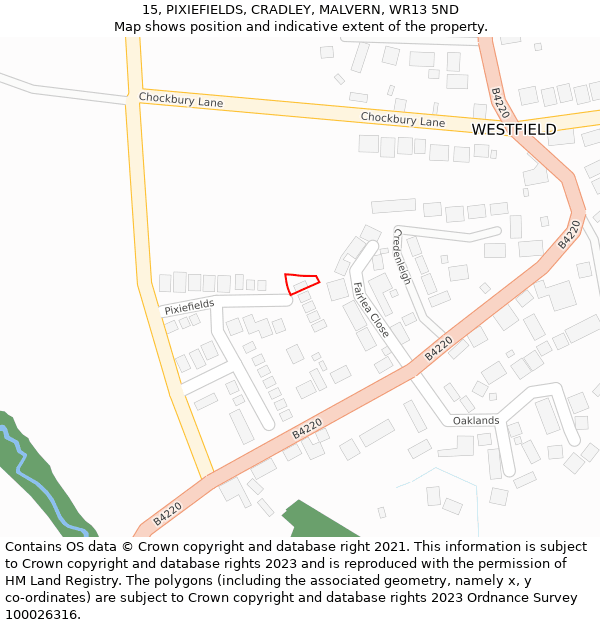 15, PIXIEFIELDS, CRADLEY, MALVERN, WR13 5ND: Location map and indicative extent of plot