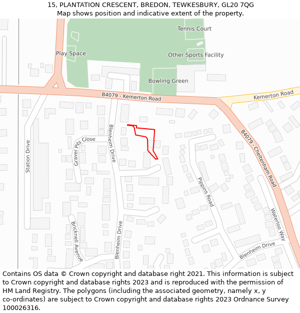 15, PLANTATION CRESCENT, BREDON, TEWKESBURY, GL20 7QG: Location map and indicative extent of plot