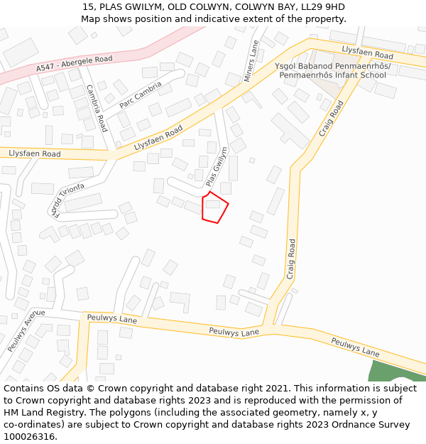 15, PLAS GWILYM, OLD COLWYN, COLWYN BAY, LL29 9HD: Location map and indicative extent of plot