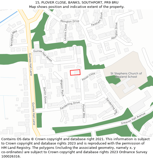 15, PLOVER CLOSE, BANKS, SOUTHPORT, PR9 8RU: Location map and indicative extent of plot