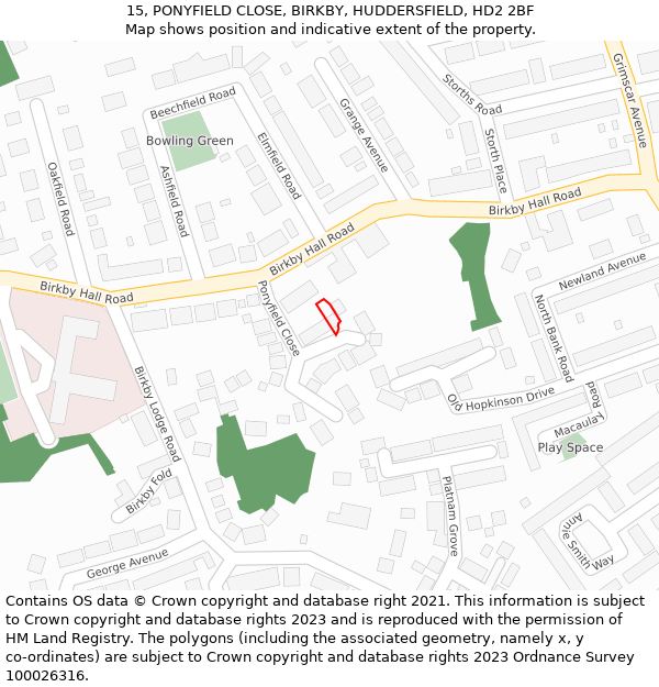 15, PONYFIELD CLOSE, BIRKBY, HUDDERSFIELD, HD2 2BF: Location map and indicative extent of plot