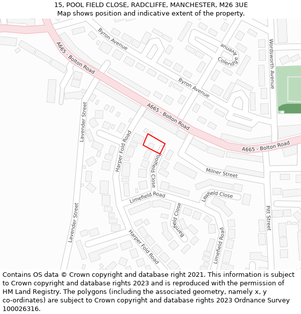 15, POOL FIELD CLOSE, RADCLIFFE, MANCHESTER, M26 3UE: Location map and indicative extent of plot