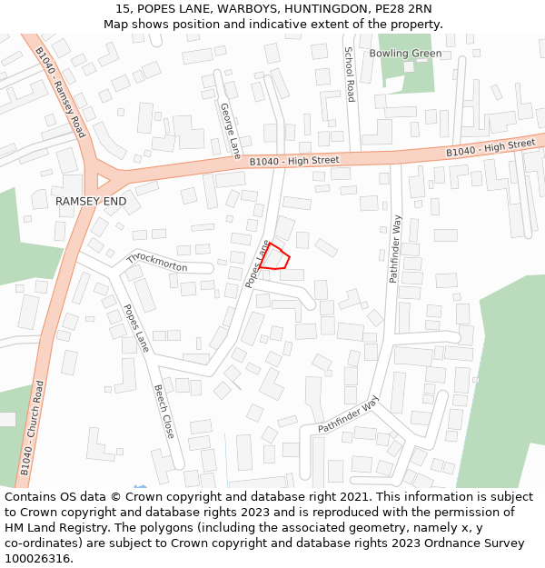 15, POPES LANE, WARBOYS, HUNTINGDON, PE28 2RN: Location map and indicative extent of plot