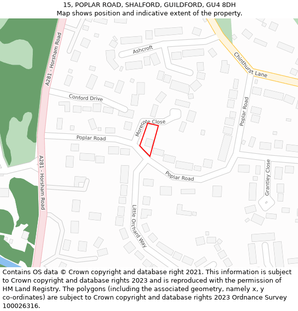 15, POPLAR ROAD, SHALFORD, GUILDFORD, GU4 8DH: Location map and indicative extent of plot