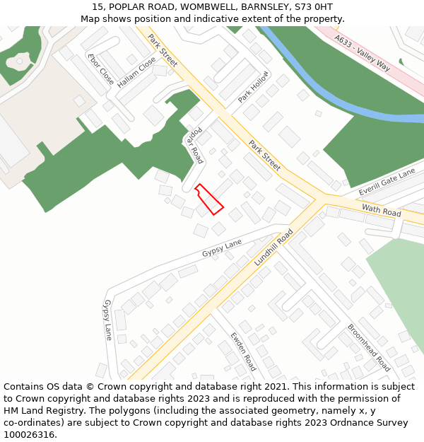 15, POPLAR ROAD, WOMBWELL, BARNSLEY, S73 0HT: Location map and indicative extent of plot