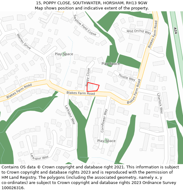 15, POPPY CLOSE, SOUTHWATER, HORSHAM, RH13 9GW: Location map and indicative extent of plot