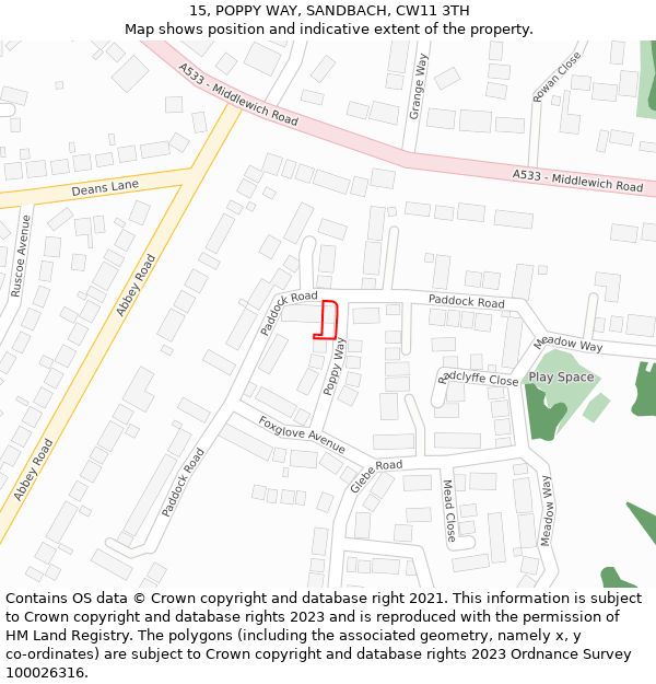 15, POPPY WAY, SANDBACH, CW11 3TH: Location map and indicative extent of plot