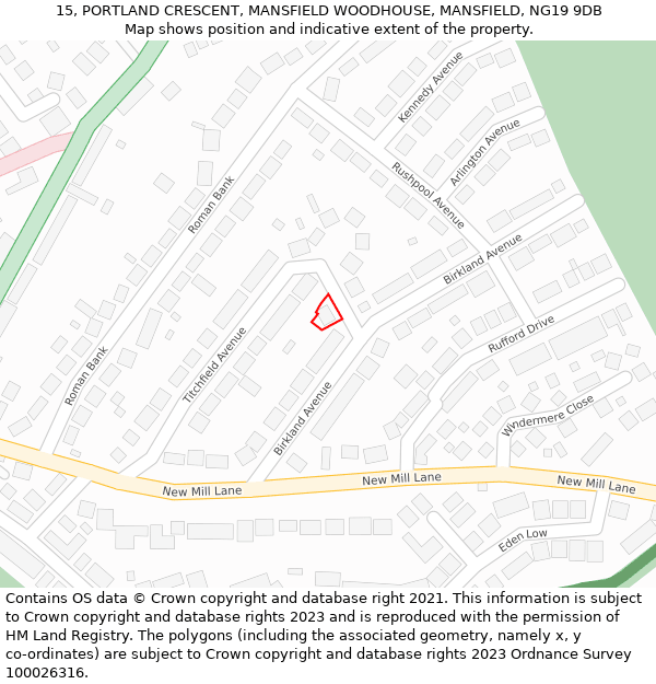 15, PORTLAND CRESCENT, MANSFIELD WOODHOUSE, MANSFIELD, NG19 9DB: Location map and indicative extent of plot