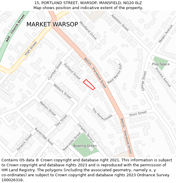 15, PORTLAND STREET, WARSOP, MANSFIELD, NG20 0LZ: Location map and indicative extent of plot