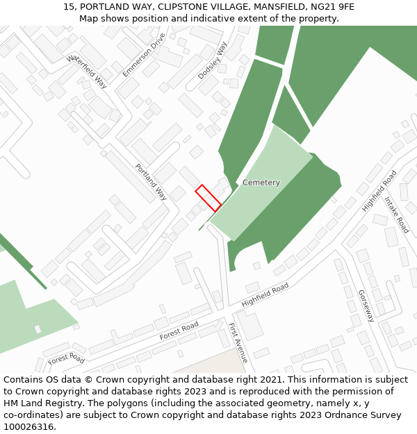 15, PORTLAND WAY, CLIPSTONE VILLAGE, MANSFIELD, NG21 9FE: Location map and indicative extent of plot