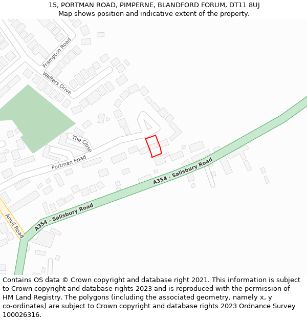 15, PORTMAN ROAD, PIMPERNE, BLANDFORD FORUM, DT11 8UJ: Location map and indicative extent of plot