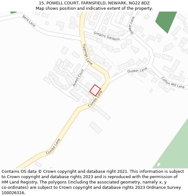 15, POWELL COURT, FARNSFIELD, NEWARK, NG22 8DZ: Location map and indicative extent of plot