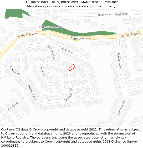 15, PRESTWICH HILLS, PRESTWICH, MANCHESTER, M25 9PY: Location map and indicative extent of plot