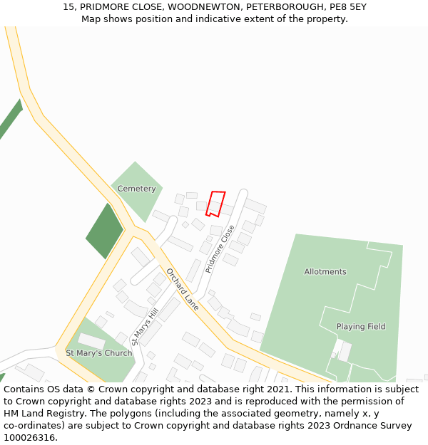 15, PRIDMORE CLOSE, WOODNEWTON, PETERBOROUGH, PE8 5EY: Location map and indicative extent of plot