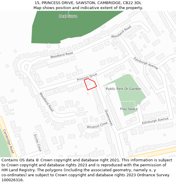 15, PRINCESS DRIVE, SAWSTON, CAMBRIDGE, CB22 3DL: Location map and indicative extent of plot