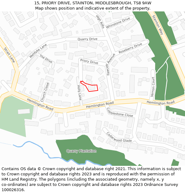 15, PRIORY DRIVE, STAINTON, MIDDLESBROUGH, TS8 9AW: Location map and indicative extent of plot