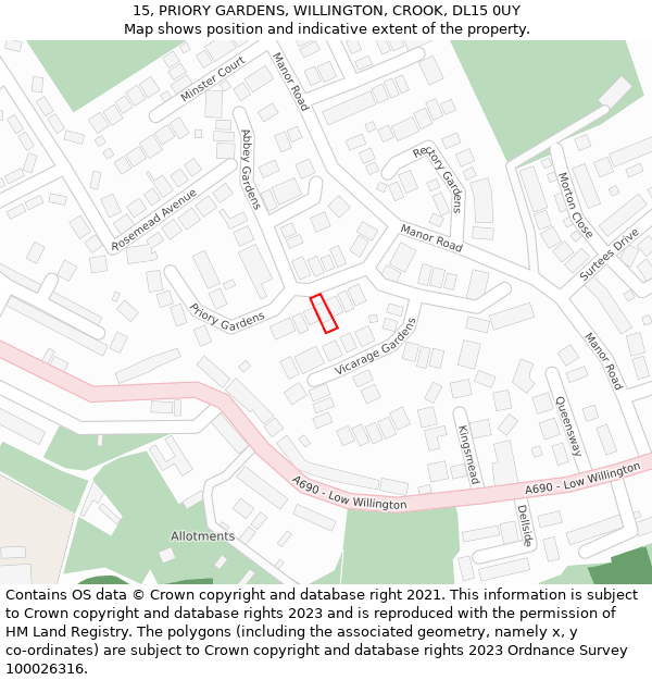 15, PRIORY GARDENS, WILLINGTON, CROOK, DL15 0UY: Location map and indicative extent of plot