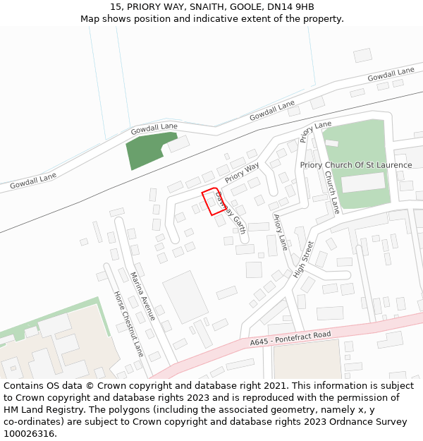 15, PRIORY WAY, SNAITH, GOOLE, DN14 9HB: Location map and indicative extent of plot