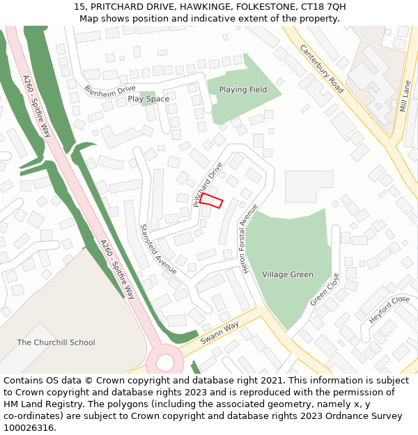 15, PRITCHARD DRIVE, HAWKINGE, FOLKESTONE, CT18 7QH: Location map and indicative extent of plot